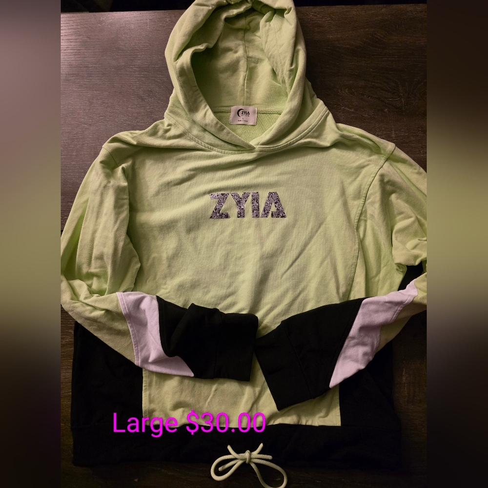 ZYIA Lime Green Hooded Pullover with Black & White Sleeve Panels